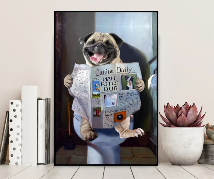 Pug Reading Newspaper In Toilet Matte Canvas Gift For Dog Lovers