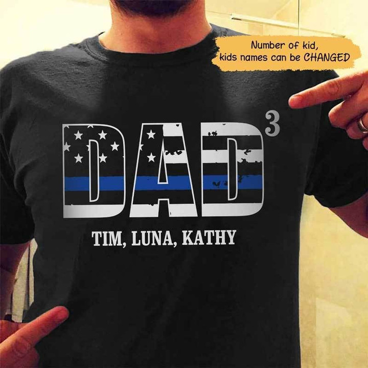 Gift For Police Dad Number Of Kids Thin Blue Line Custom Name Printed Guys Tee
