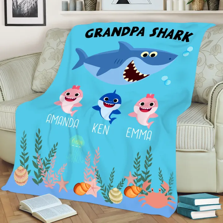 Cute Shark Under Sea Gift For Gradpa Custom Name Fleece Blanket Sherpa Blanket