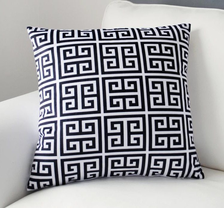 Hot Geometric Velvet Greek Key Black White Decorative Pillow Cover