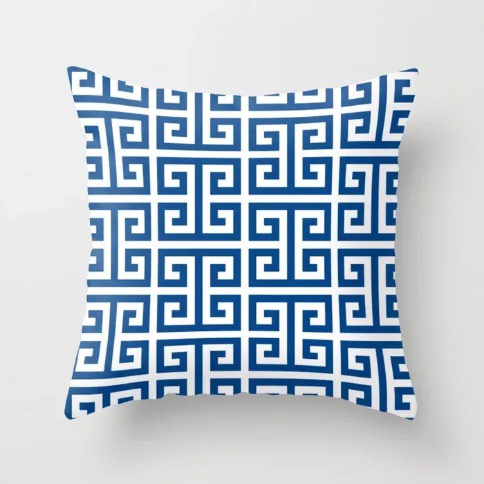 Denim Blue And White Greek Key Pattern Decorative Pillow Cover
