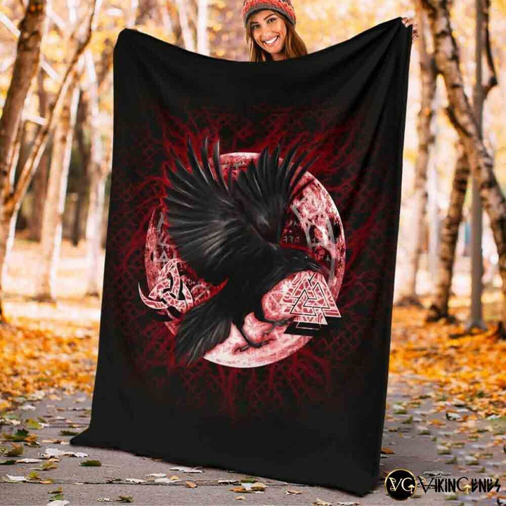 Red Moon And Norse Raven Pattern Sherpa Fleece Blanket