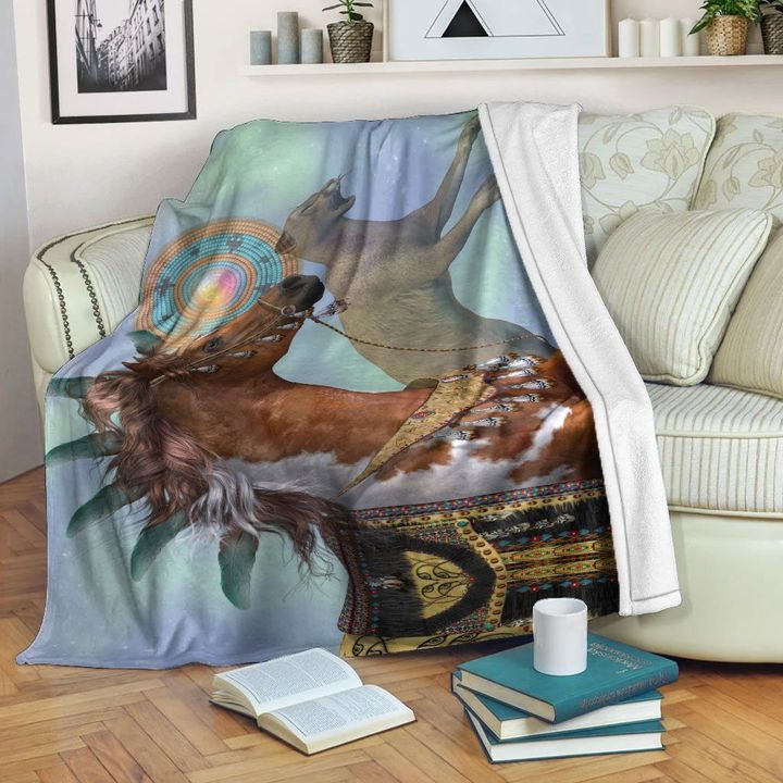 Native American Horse And Panther Sherpa Fleece Blanket