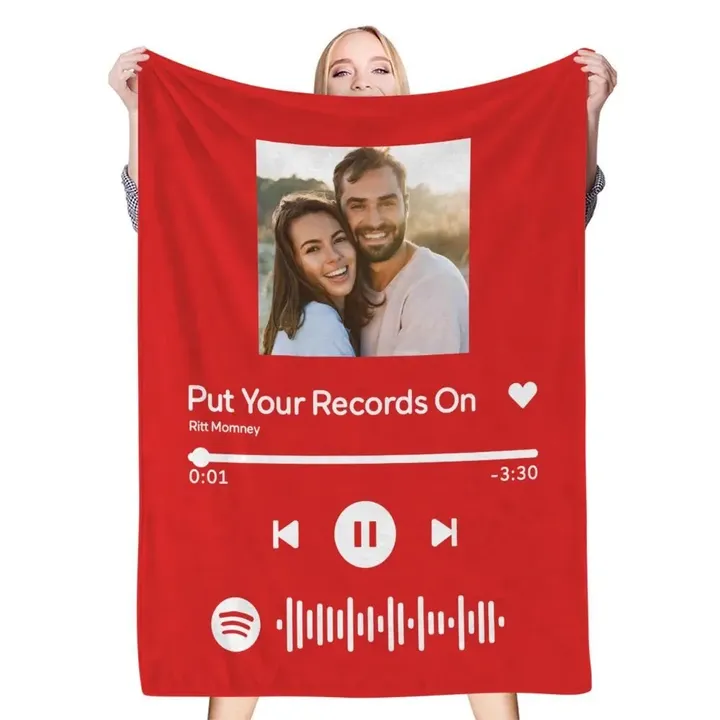 Scannable Spotify Red Color Gifts For Couple Custom Photo Sherpa Fleece Blanket