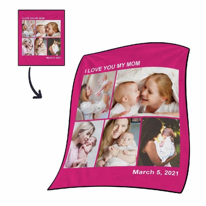5 Photo With Pink Color Background Gifts For Mother Custom Name Custom Photo Sherpa Fleece Blanket