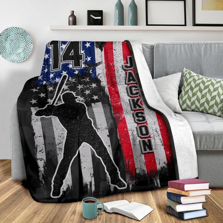 Baseball Player With American Flag Pattern For Baseball Lover Custom Name Sherpa Fleece Blanket