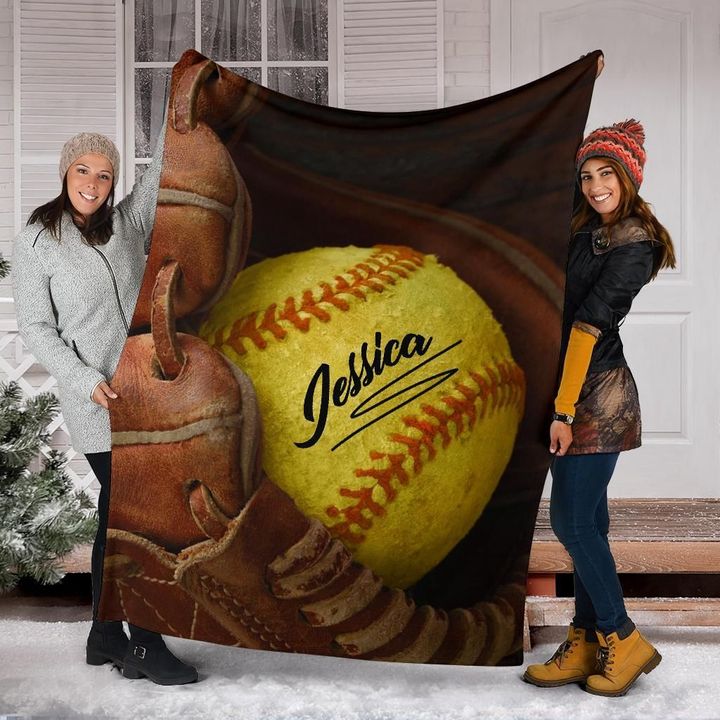 Old Softball Glove For Softball Lover Custom Name Sherpa Fleece Blanket