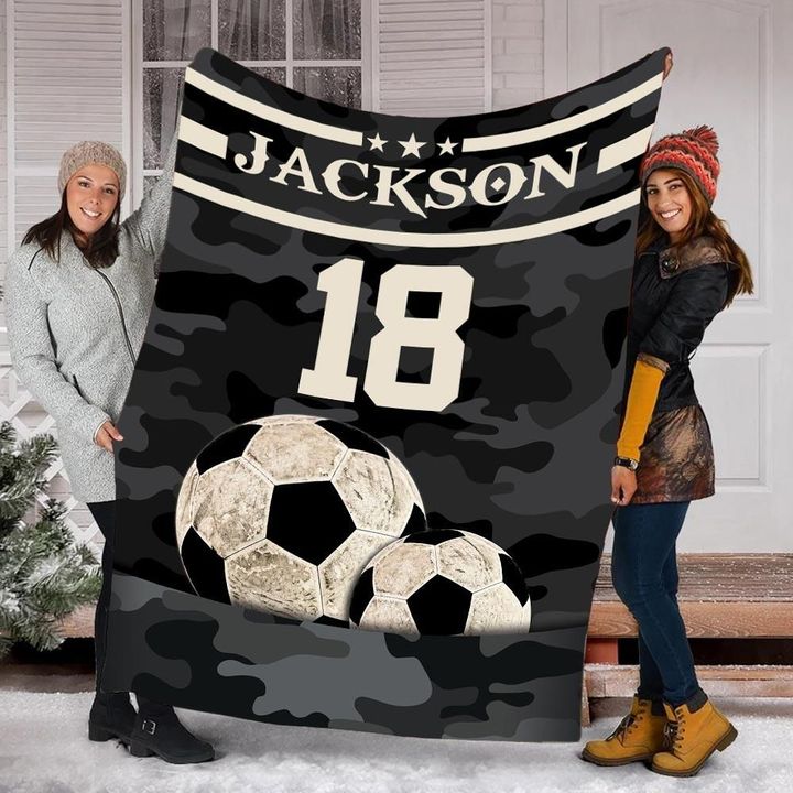Soccer Pocket Black Camouflage Pattern For Soccer Lover Custom Name Sherpa Fleece Blanket