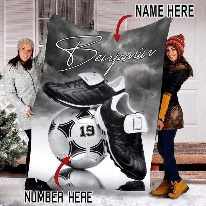 Soccer Ball And Shoes With Grey Cloud For Soccer Lover Custom Name Sherpa Fleece Blanket