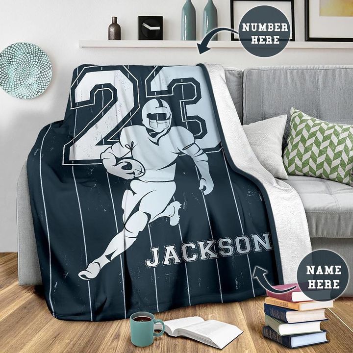 Football Player With Stripes Pattern Blue Background For Football Lover Custom Name Sherpa Fleece Blanket