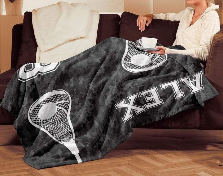 White Lacrosse Pattern Black Camo Theme For Lacrosse Lover Custom Name Sherpa Fleece Blanket