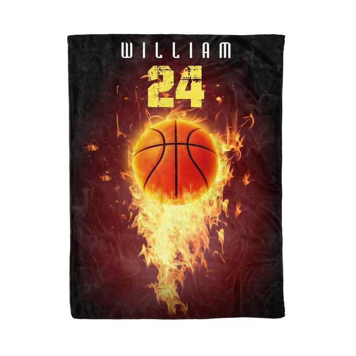 Basketball Fire Ball Pattern Dark Background For Basketball Lover Custom Name Sherpa Fleece Blanket