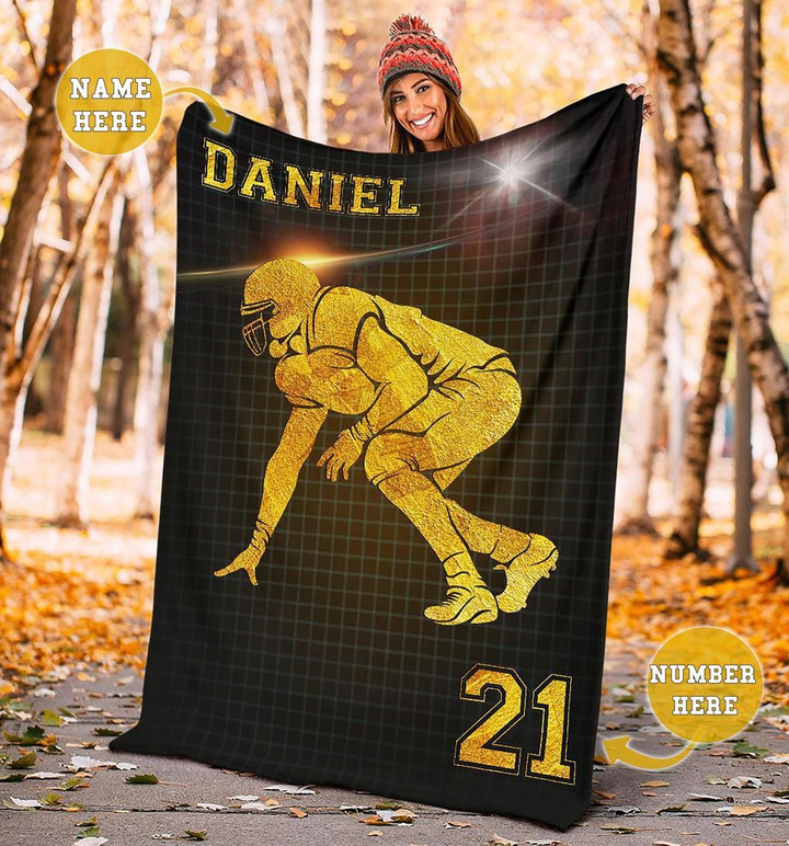 Golden Football Lineman Pattern Dark Background For Football Lover Custom Name Sherpa Fleece Blanket