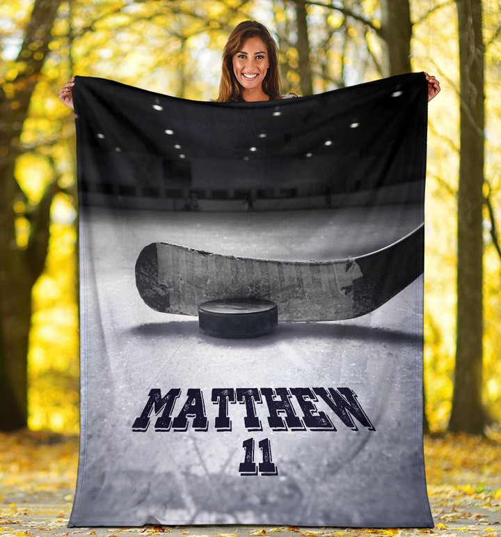Ice Hockey Stick And Puck On The Field For Ice Hockey Lover Custom Name Sherpa Fleece Blanket