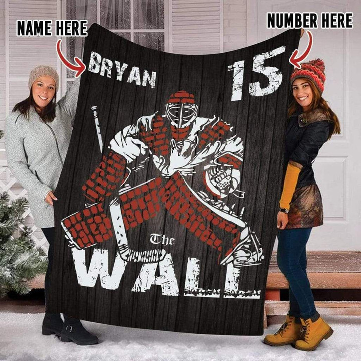 Ice Hockey Goalie Wall Pattern Black Background For Hockey Lover Custom Name Sherpa Fleece Blanket