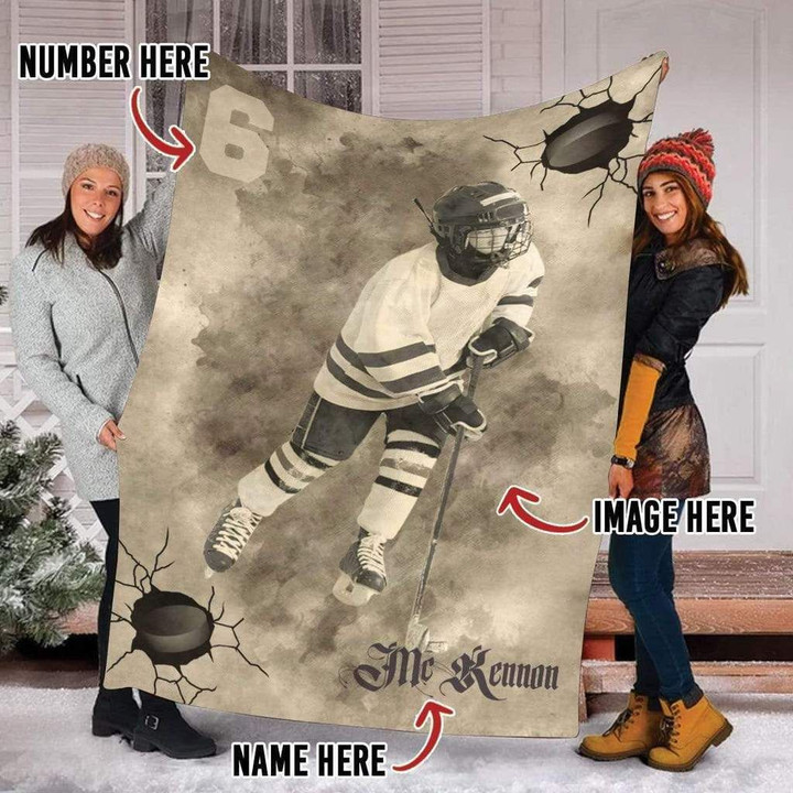 Hockey Player Vintage History Style Hockey Lover Custom Name And Custom Image Sherpa Fleece Blanket