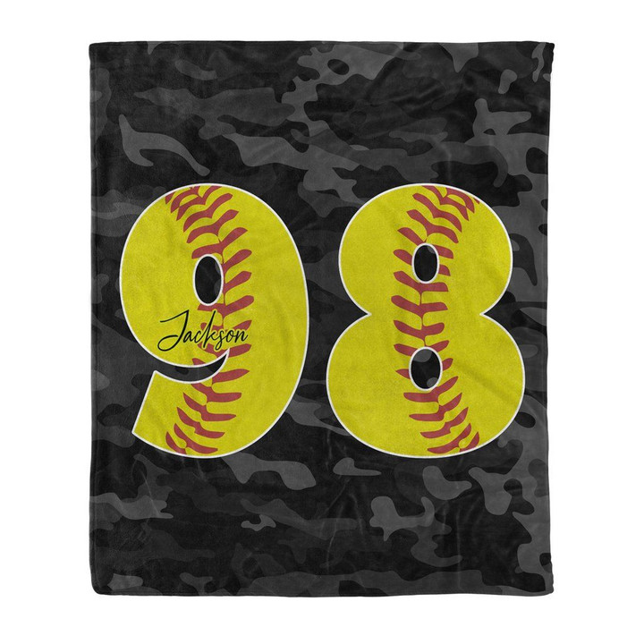 Softball Number Pattern Camo Background For Softball Lover Custom Name Sherpa Fleece Blanket