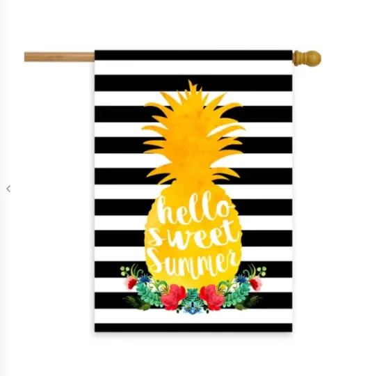 Sweet Summer Pineapple Black White Horizonal Pattern Garden Flag House Flag