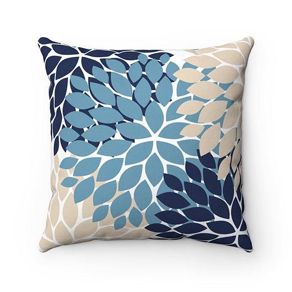 Blue And Tan Color Flower Burst Pattern Cushion Pillow Cover Home Decor