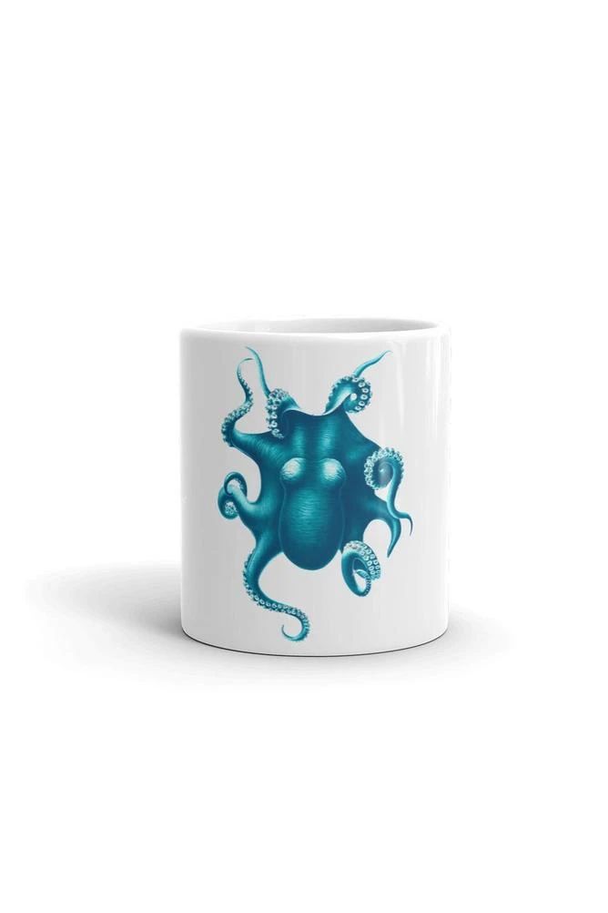 Blue Octopus Sea Animal Design White Glossy Ceramic Mug
