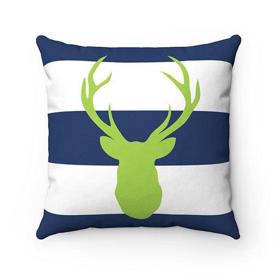 Blue Green Woodland Deer Head Antlers Cushion Pillow Cover Home Decor
