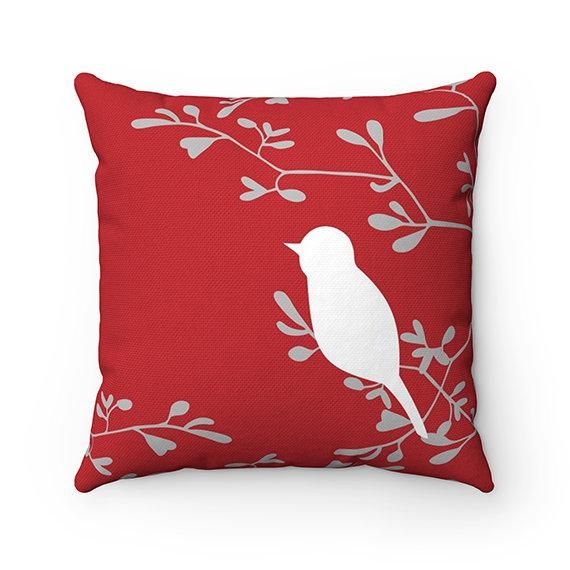 Red Background White Birds On Branch Tree Cushion Pillow Cover Home Decor