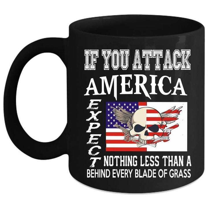 If You Attack America Skull And Wings Patter Black Ceramic Mug