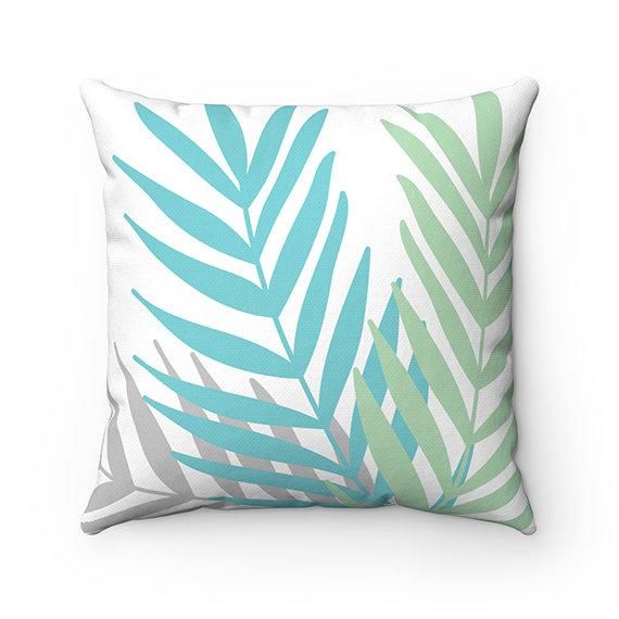 Aqua Grey And Green Tropical Palm Leaves Cushion Pillow Cover Home Decor