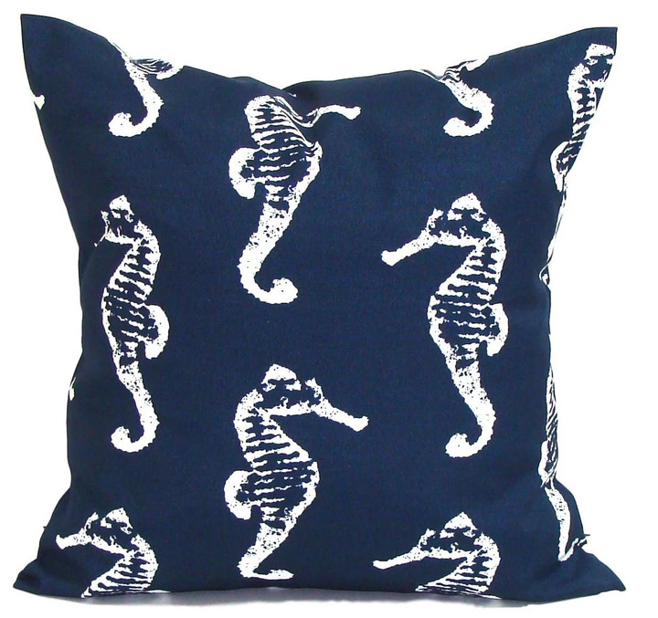 Navy Blue Theme White Seahorse Pattern Cushion Pillow Cover Home Decor