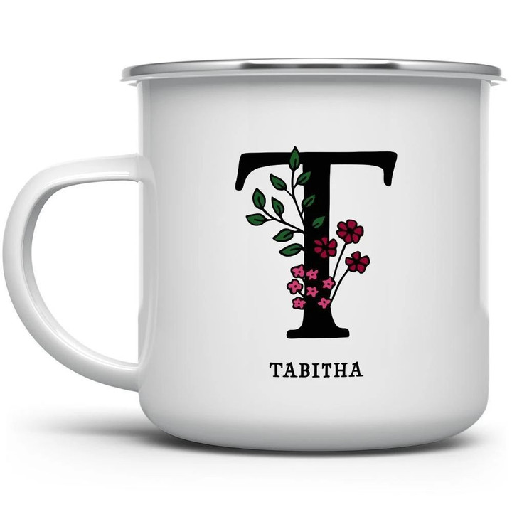 Custom Name Letter T With Flowers Camping Mug Campfire Mug Gifts For Campers