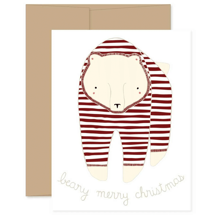 Red Stripe Beary Merry Christmas White Theme Folder Greeting Card Set Of 10