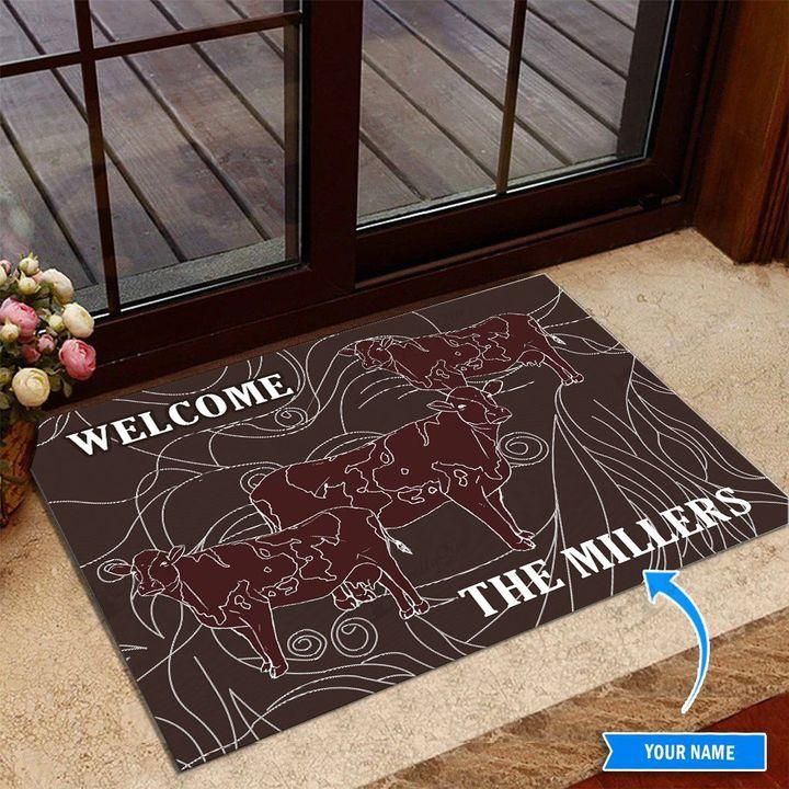 Hand Drawn Brown Cow Welcome Custom Name Design Doormat Home Decor