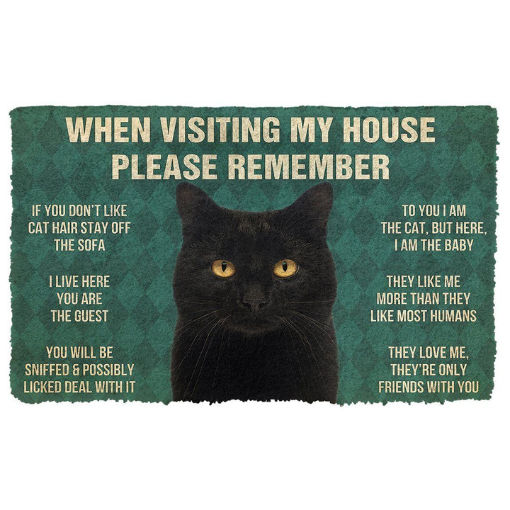 Pretty Black Cat House Rules Doormat Home Decor