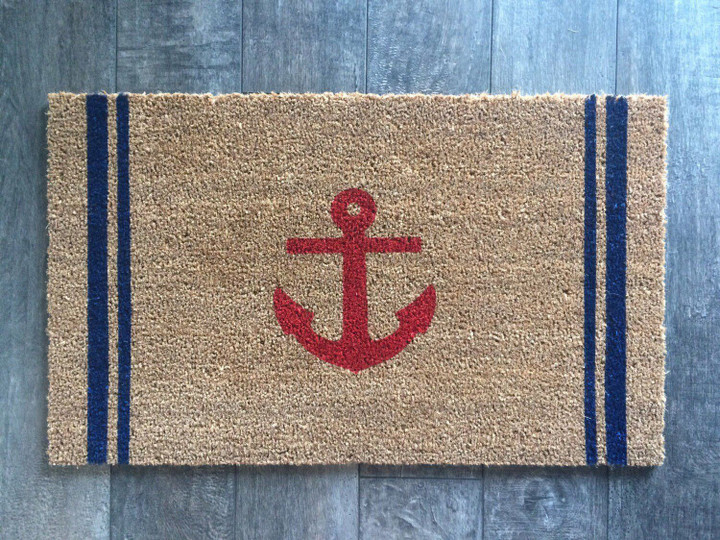 Red Anchor And Stripes Nautical Design Doormat Home Decor