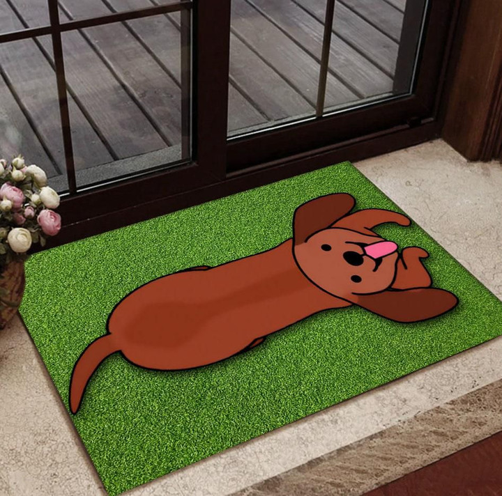 Cute Dachshund On Green Grass Funny Cartoon Design Doormat Home Decor