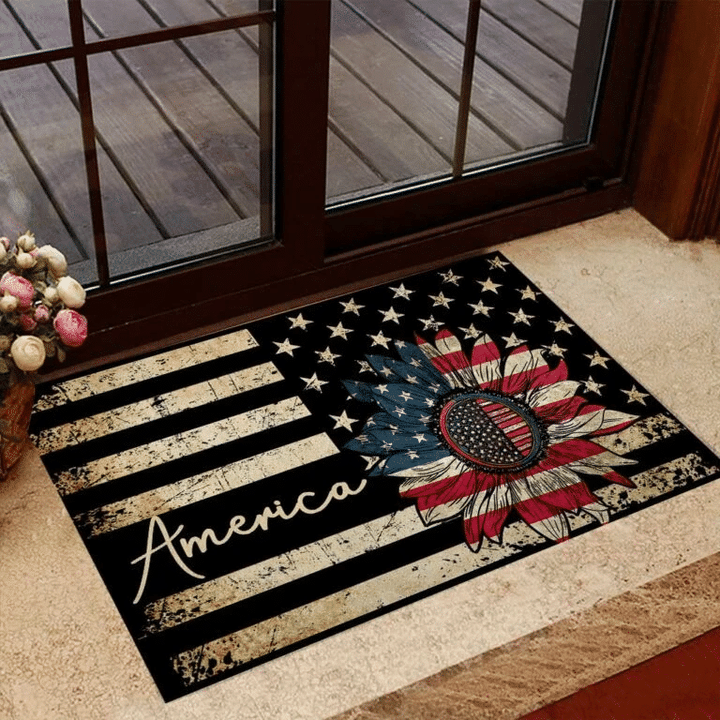 Grunge America Sunflower Us Flag Design Doormat Home Decor