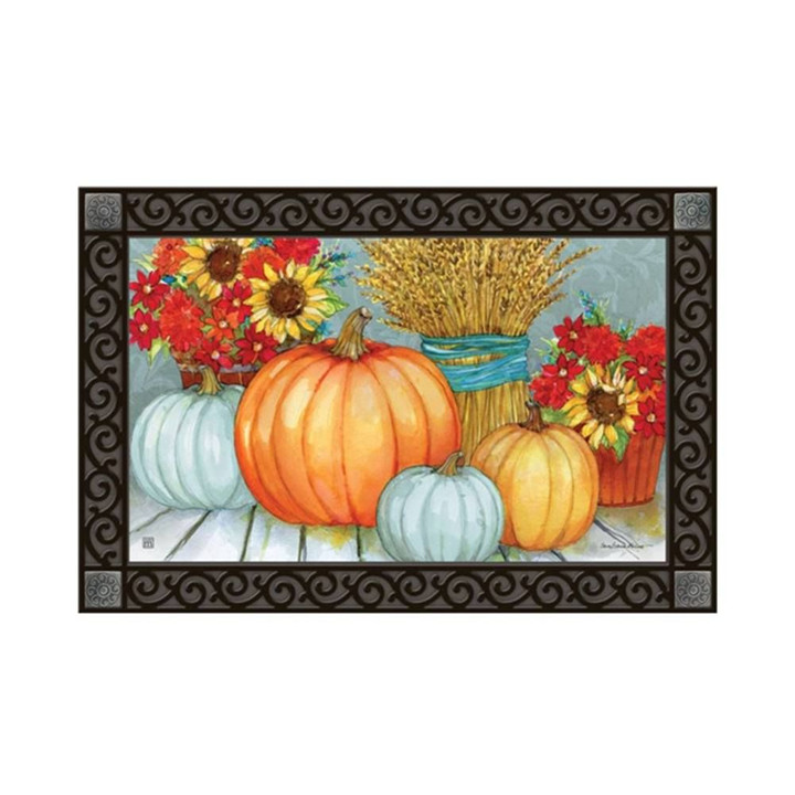 Harvest Home Pumpkin With Fall Floral Design Doormat Home Decor