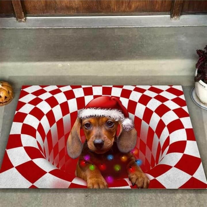 Adorable Dachshund Puppy Merry Christmas Design Doormat Home Decor