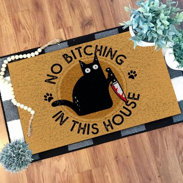 No Bitching In This House Cat Hold Blood Knife Design Doormat Home Decor
