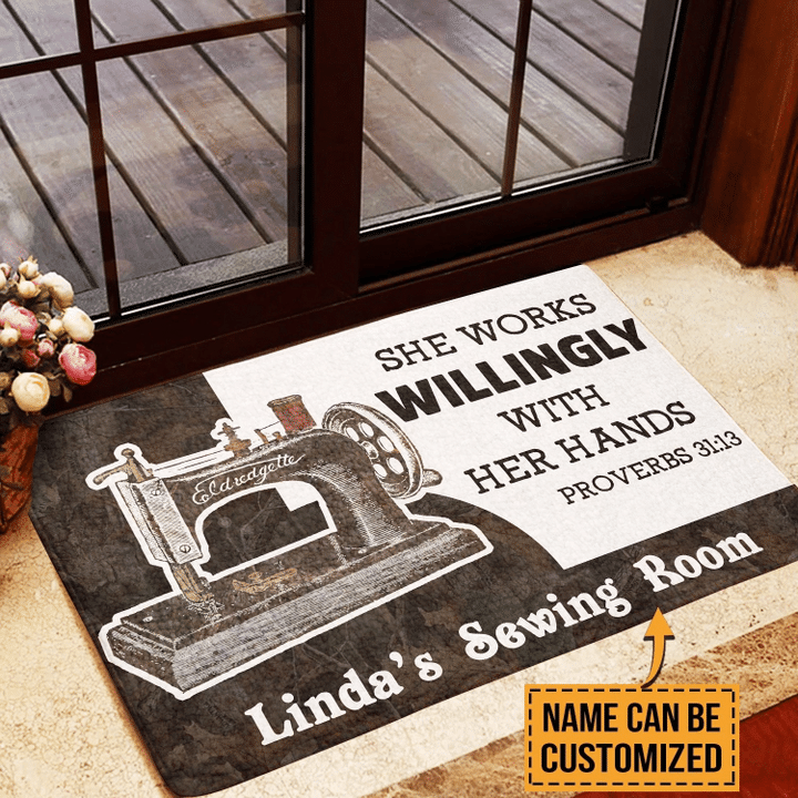 Cool Doormat Home Decor Custom Name She Works Willingly Sewing