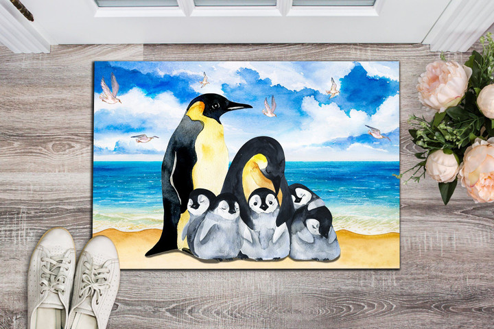 Doormat Home Decor Nice Penguin Family And The Beach