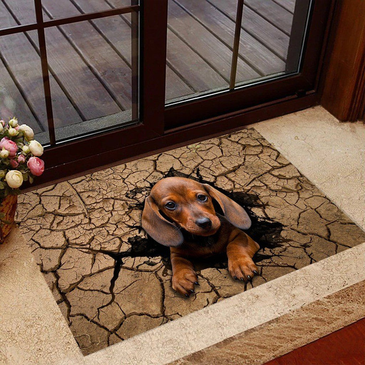 Peeking Dachshund Dog Crack Ground Design Doormat Home Decor