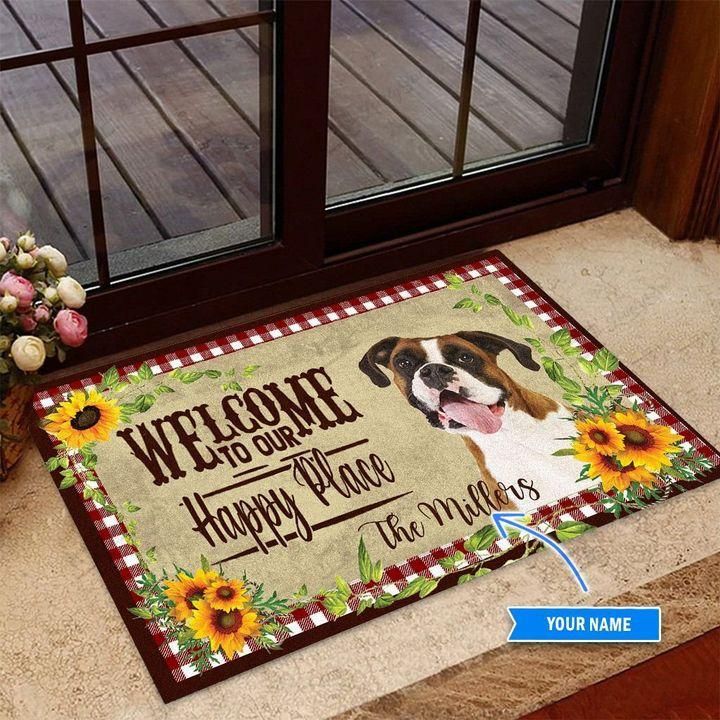 Nice Doormat Home Decor Custom Name Boxer Welcome To Our Happy Place