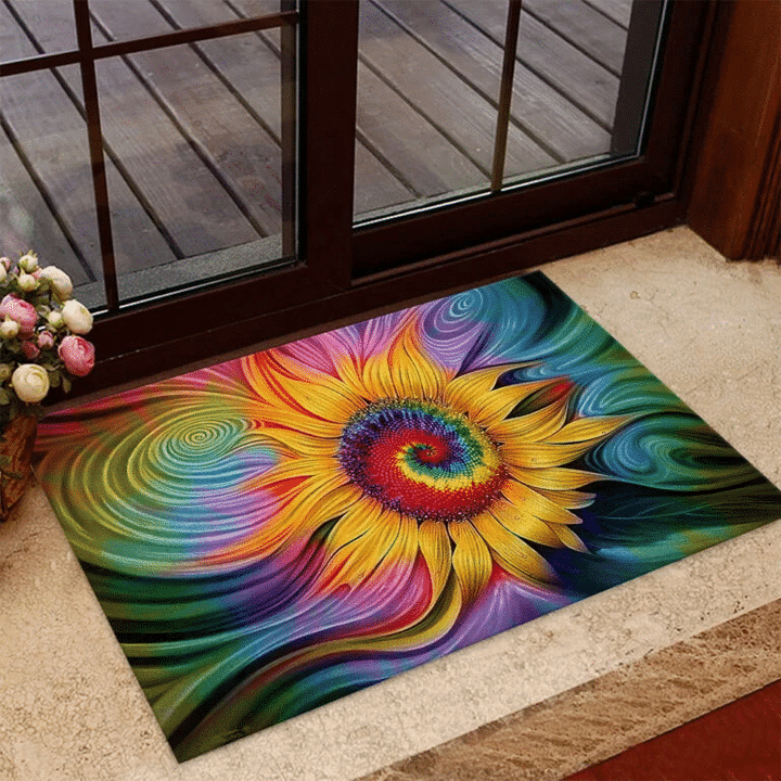 Rainbow Tie Dye Sunflower Hippie Theme Design Doormat Home Decor