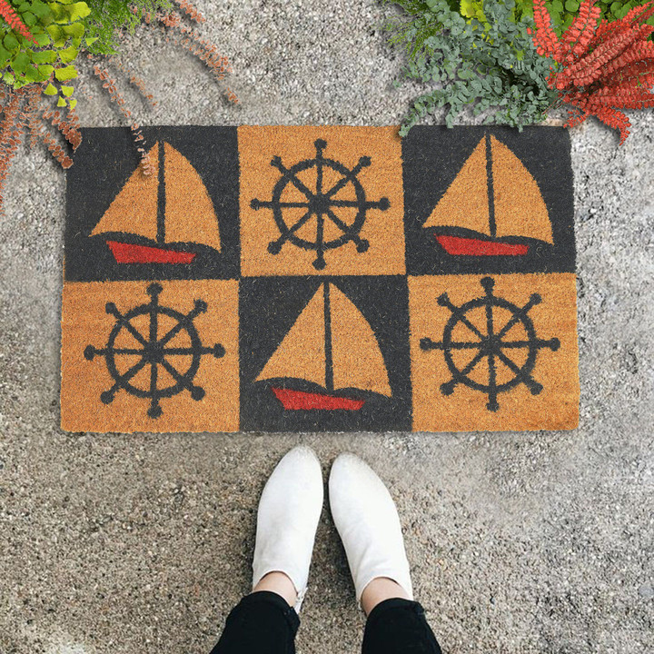 Appealing Design Doormat Home Decor Nautical Wheel And Sailboat
