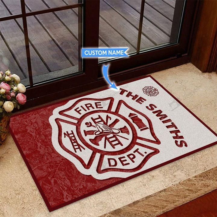 Red And White Firefighter Fire Dept Doormat Home Decor Custom Name