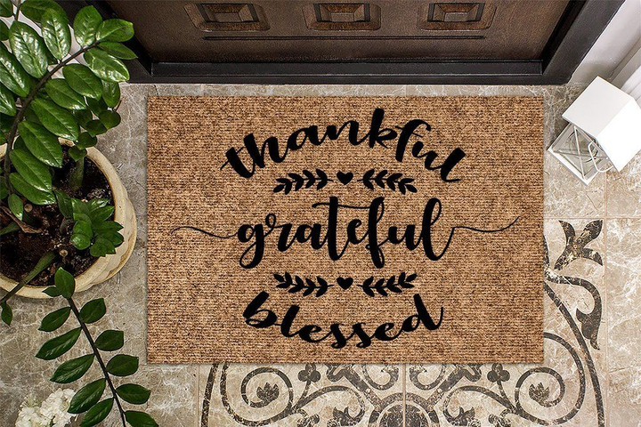 Black Text Thankful Grateful Blessed Fall Design Doormat Home Decor