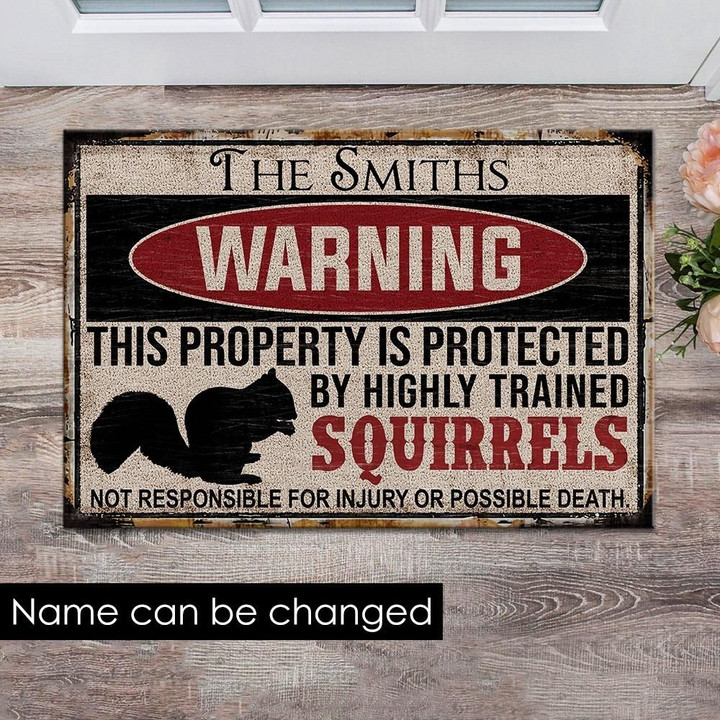 Vintage Doormat Home Decor Custom Name Highly Trained Squirrels Warning