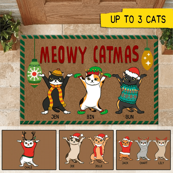 Christmas Gift For Cats Lovers Custom Name Doormat Home Decor Meowy Catmas