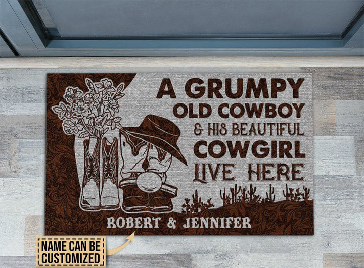 Doormat Home Decor Custom Name Cowboy And Cowgirl Live Here Leather